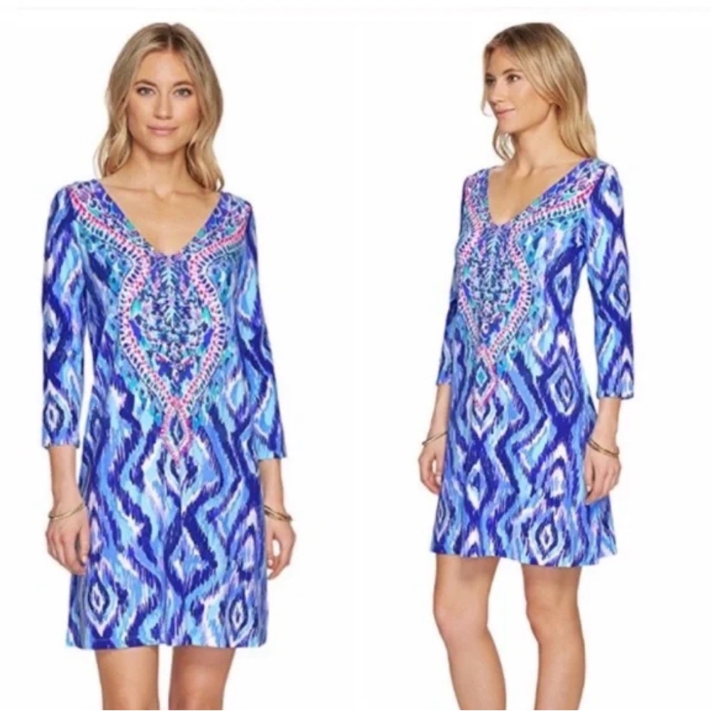 Lilly Pulitzer Ophelia V-Neck Shift Dress in Blue Swish Skipped
